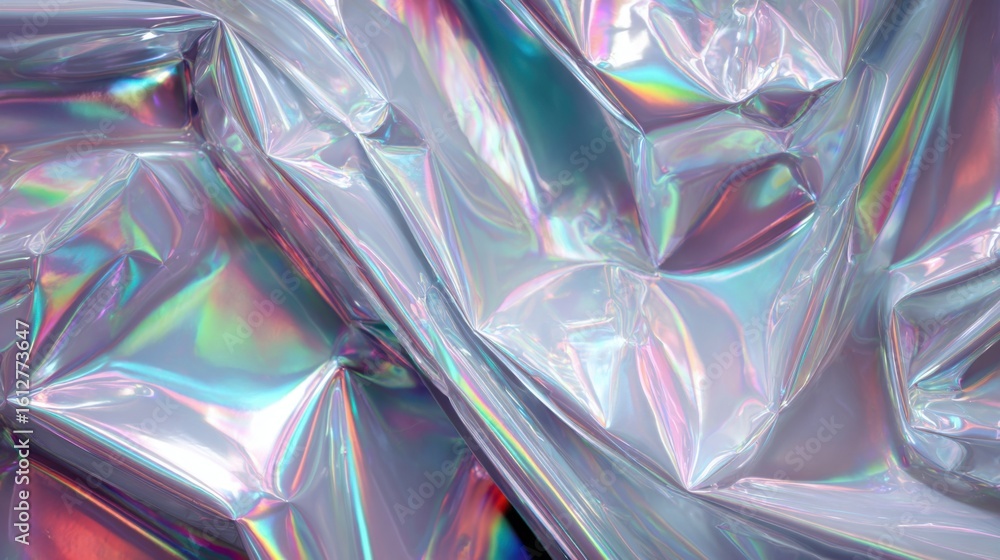 Poster crumpled shiny surfaces display an array of colorful reflections, forming an abstract composition. t