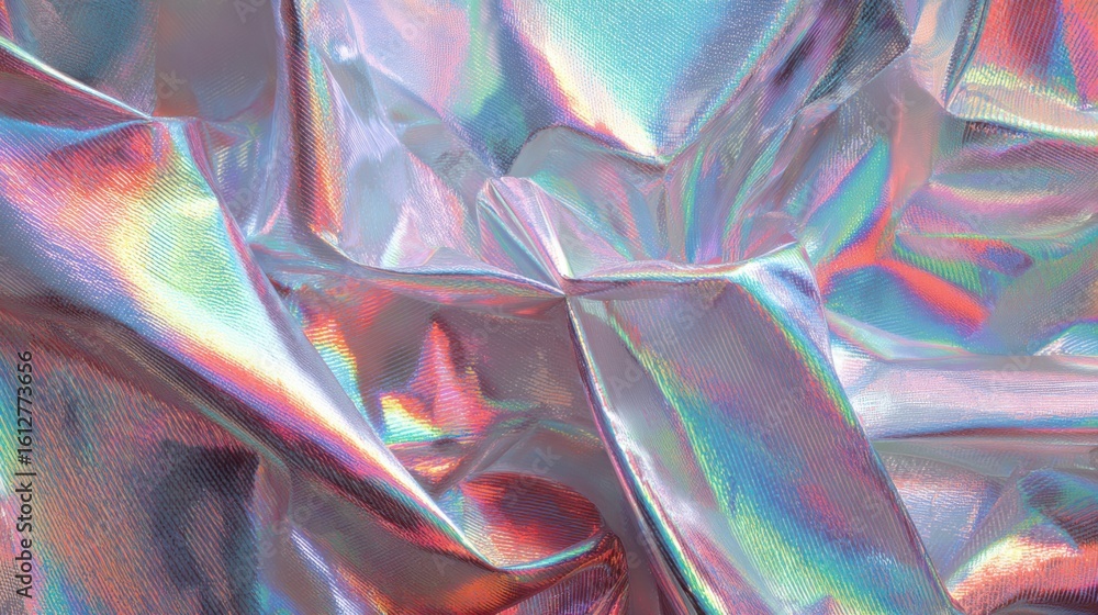Poster rippling, shiny fabric displays an array of colors as light refracts through its surface, creating a