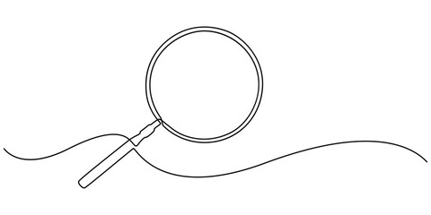 Magnifying Glass Continuous Line Icon, Black magnifying glass in one line art style. Magnifying glass drawing with editable stroke on white background. Vector illustration, minimalism design, Research