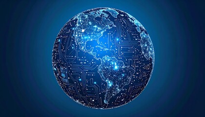 A glowing digital globe, circuit board textured, depicting global network connectivity