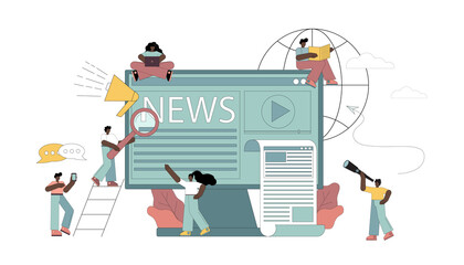 News concept. Flat people collect news from different media. People get news from the internet using gadgets. Vector flat illustration.