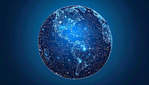 A glowing digital globe, circuit board textured, depicting global network connectivity