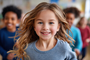 a cheerful young girl running toward