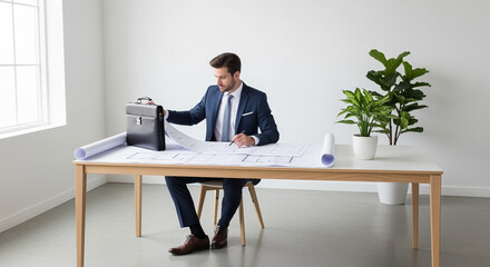 A businessman reviews architectural blueprints at his modern desk, briefcase nearby.