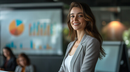Smiling businesswoman in office with financial charts on screen
