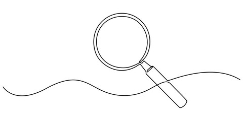 Magnifying Glass Continuous Line Icon, Black magnifying glass in one line art style. Magnifying glass drawing with editable stroke on white background. Vector illustration, minimalism design, Research