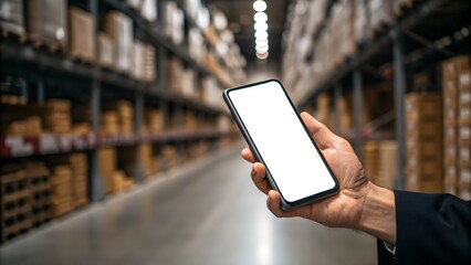 Person holding a smartphone with a blank screen in a large warehouse