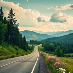 A scenic mountain road winding through trees and forest under a clear sky in a rural landscape