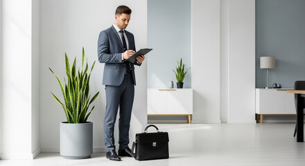 A successful businessman in a sharp suit reviews documents on a clipboard in a modern, bright space.