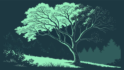 Obraz premium Beautiful tree landscape illustration with nature scenery and forest background for web design and print, art