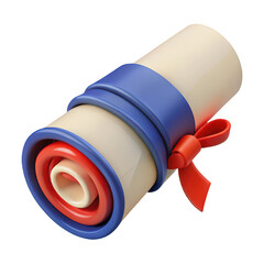 A rolled diploma or certificate tied with a blue ribbon and a red satin bow isolated on transparent background