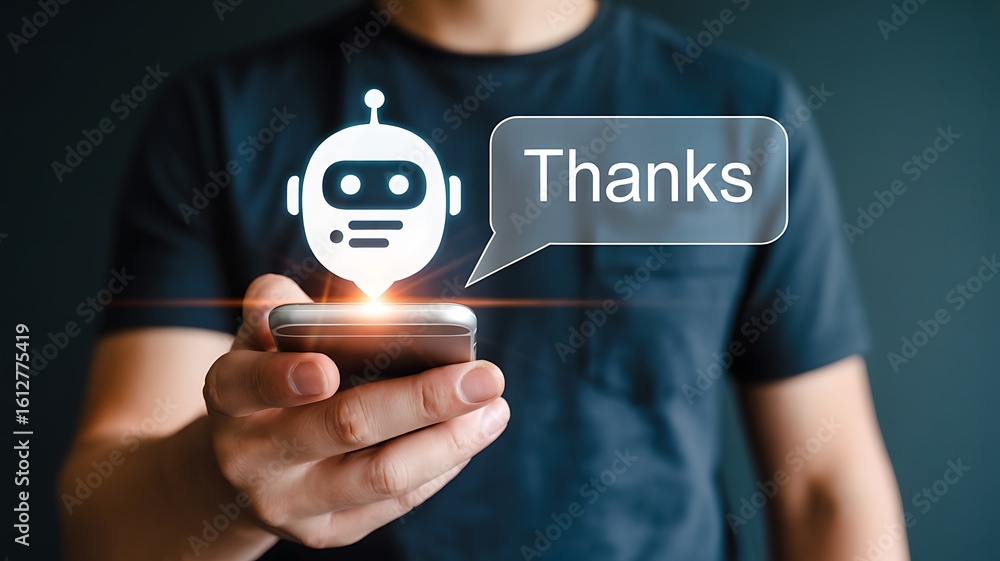 Poster robot chatbot thanks message on phone artificial intelligence