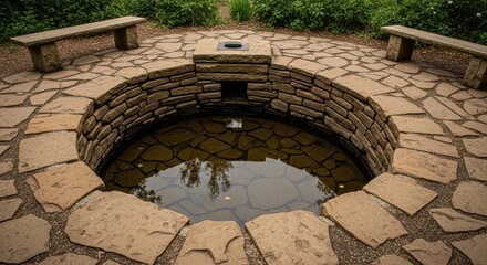 Stone Circle Well With Reflection Peaceful Seating Area