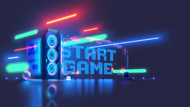 Computer video gaming wallpapers. Background about video game. Gaming computer on the table with the inscription the start game in cyberspace portal. Desktop Gaming computer case or PC in neon light.