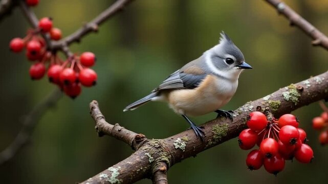 Tiny tufted titmouse bird perched on branch among bright red berries searching for a snack in a serene woodland setting. AI generative video