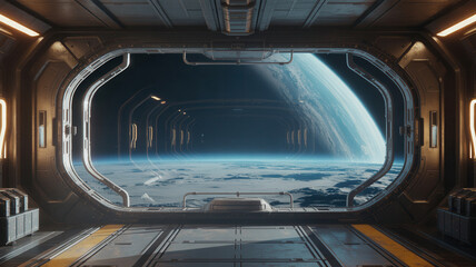 Stunning view of Earth from a futuristic spacecraft window in deep dark space
