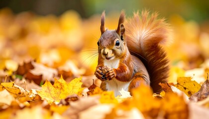Red squirrel amidst autumn leaves, holding a nut