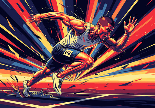 Dynamic illustration of a powerful male athlete sprinting from starting blocks with explosive energy.