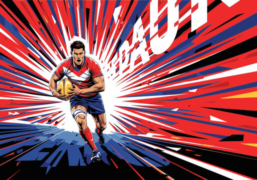 A dynamic illustration of a powerful rugby player running with the ball, set against an explosive red, white, and blue background.