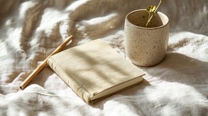 Still life notebook, pencil, flower in mug on textured fabric with warm light