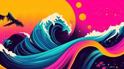 Stylized illustration of a large ocean wave, vibrant teal and blue, curving into a pink and yellow abstract sky with celestial bodies and tropical flora
