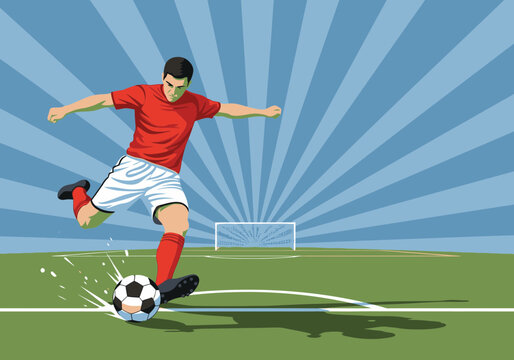 A dynamic illustration of a male soccer player in a red shirt kicking a ball on a field.