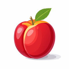 A captivating digital art of a vibrant red peach with green leaf and stem casting shadow