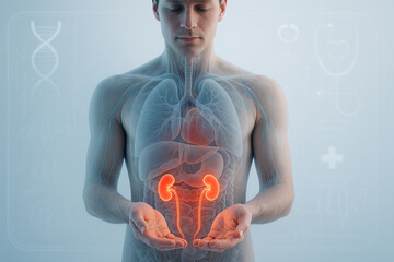 AI generated ultra realistic sci fi style medical image showing glowing ureters with semi transparent human torso expressing care and holistic health