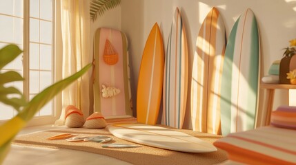 Sunlit room interior showcasing a collection of surfboards leaning against a wall,