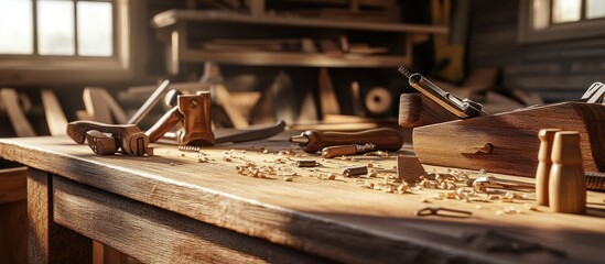 Sunlit woodworking workbench strewn with tools and wood shavings, showing various hand planes, chisels, and other carpentry implements in a cluttered workshop