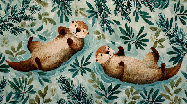 Playful watercolor otters floating on blue water