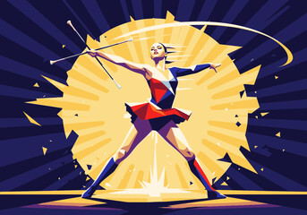 A dynamic illustration of a female athlete twirling a baton in a powerful, stylized pose.