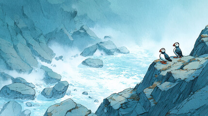 Puffins on rocky seaside cliff with stylized water