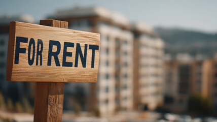 a for rent sign on a wooden post in front of resident