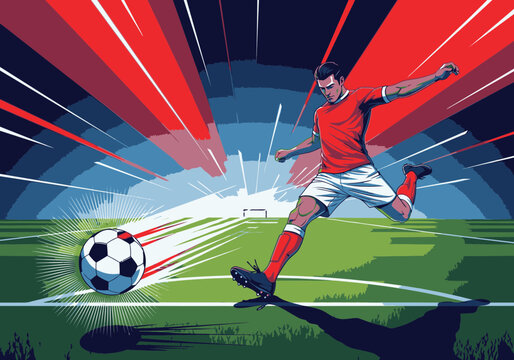 A powerful soccer player in a red uniform kicks a ball with explosive force on a stylized field.