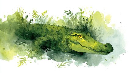Watercolor crocodile lurking in green swamp