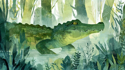 Watercolor crocodile lurking in swamp