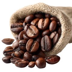 Coffee beans spilling out of a burlap sack on a black background view isolated on transparent background