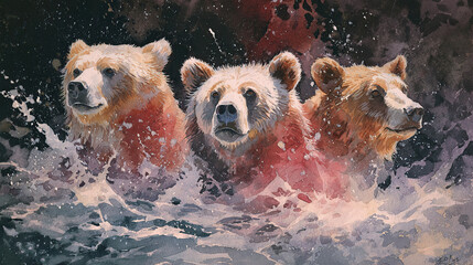 Three watercolor bears fishing in a river