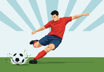 Dynamic illustration of a male soccer player in a red jersey kicking a ball on a green field.