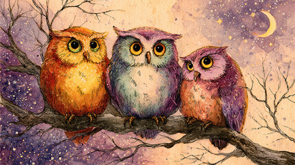 Three watercolor owls perched on a branch at twilight