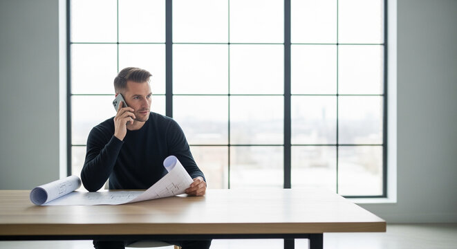 A focused architect reviews blueprints while speaking on his mobile phone in a modern with large .