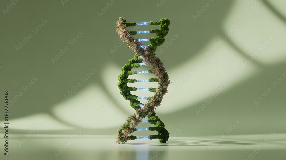 Aufkleber abstract 3d rendering of a shimmering metallic dna double helix structure against a soft green backg