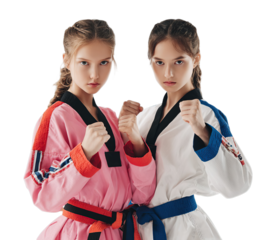 Two girls in karate uniforms, fists clenched