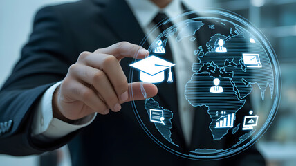 Businessman holding a graduation cap icon with a digital globe displaying educational and business icons in the background
