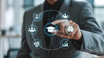 Businessman interacting with a digital learning network showcasing education and career development icons on a futuristic interface