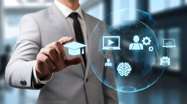 Businessman holding a glowing graduation cap with digital icons representing online learning and education technology