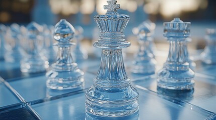 Close-up of glass chess pieces on abstract blue background highlighting strategic planning in business