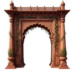 Ornate Architectural Archway With Floral Vines In Terracotta Color Scheme On A White Background