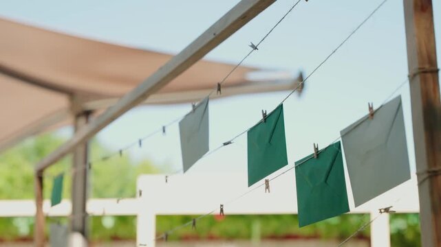 wedding envelopes hanging on string with clothespins in soft outdoor sunlight